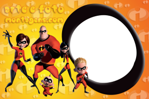 Moldura Personagens - Incriveis Família Incrível (Sr. Incrível, Mulher Elástica, Violeta, Flecha, Zezé), poses ação, moldura circular, fundo laranja amarelo símbolo Incríveis.