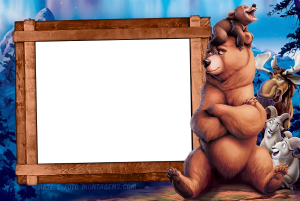 Moldura Personagens - Irmao Urso Kenai Koda Kenai urso, Koda, alces Rutt Tuke (Irmão Urso), moldura madeira escura, fundo paisagem noturna aurora.
