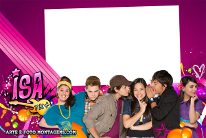 Moldura Personagens - Isatkmais Elenco novela Isa TK+, logo série, moldura retangular branca inclinada, fundo pink elementos gráficos.