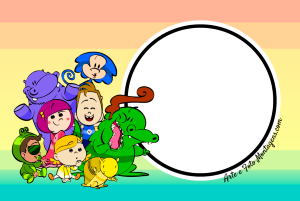 Moldura Personagens - Jacarelvis Jacarelvis e amigos (hipopótamo, personagens infantis), moldura circular preta borda branca, fundo arco-íris listrado.