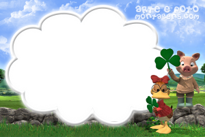 Moldura Personagens - Jakers Piggley Winks Pato e porco, trevos quatro folhas, moldura branca formato nuvem, fundo paisagem campo muro.