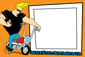 Moldura Personagens - Johnny Bravo Johnny Bravo motocicleta vermelha, moldura retangular branca borda preta, fundo laranja.