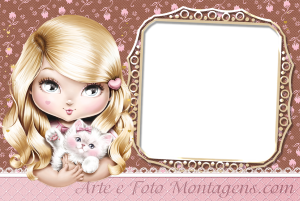 Moldura Personagens - Jolie Boneca 1 Boneca loira, gatinho branco, moldura bege borda ornamentada marrom dourada, fundo marrom floral renda.