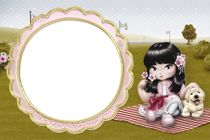 Moldura Personagens - Jolie Boneca 2 Boneca morena, flores cabelo, cachorrinho, piquenique, moldura circular verde-oliva borda dupla rosa branca, fundo parque.