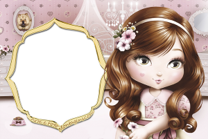 Moldura Personagens - Jolie Boneca 3 Boneca morena vestido flores, moldura preta borda dourada ornamentada, fundo quarto rosa decorado.