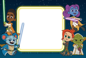 Moldura Personagens - Jovens Jedi Young Jovens Jedi (Kai, Lys, Nubs), Mestre Yoda (Star Wars Aventuras Jovens Jedi), sabres luz, moldura quadrada branca borda amarela, fundo espaço estrelado.