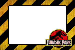 Moldura Personagens - Jurassic Park Moldura preta bordas amarelas pretas aviso perigo, logo Jurassic Park, recorte amarelo.