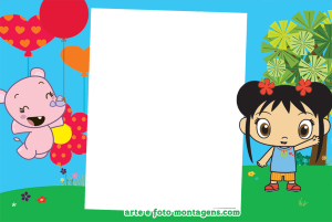 Moldura Personagens - Kailan Ni Hao Kai-Lan, hipopótamo Rintoo, balões, moldura retangular branca, fundo parque céu.