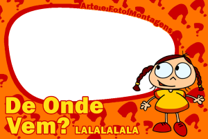 Moldura Personagens - Kika De Onde Vem Kika (De Onde Vem?), logo programa, moldura vermelha formato irregular, fundo laranja interrogações.