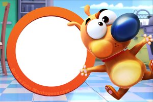 Moldura Personagens - Lele E Linguica Cachorro salsicha Linguica, Lele, moldura amarela formato osso, fundo vermelho.