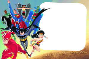 Moldura Personagens - Liga Da Justica Liga da Justiça animada (Superman, Batman, Mulher Maravilha, Flash, etc.), voando, moldura branca irregular.