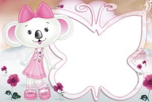Moldura Personagens - Lilica Ripilica Coala Lilica Ripilica, vestido rosa, moldura rosa formato borboleta, fundo rosa branco flores.