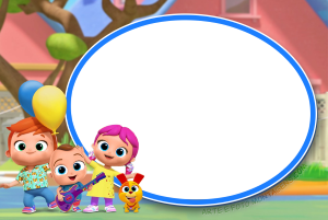 Moldura Personagens - Little Angel Songs Crianças Little Angel Songs, balões, cachorro, moldura oval branca borda azul, fundo quintal casa.