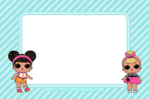 Moldura Personagens - Lol Surprise Azul Duas bonecas LOL Surprise, moldura azul clara formato 'T', fundo listrado azul branco.