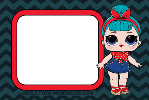 Moldura Personagens - Lol Surprise Bb Bop Boneca LOL Surprise estilo pin-up, moldura retangular borda vermelha, fundo azul escuro chevron.