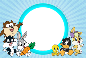 Moldura Personagens - Looney Tunes Baby Looney Tunes bebês (Taz, Frajola, Pernalonga, Piu-Piu, Patolino, Lola), moldura circular borda azul brilhante, fundo azul raios.