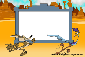 Moldura Personagens - Looney Tunes Coiote Papaleguas Coiote e Papa-Léguas correndo, moldura formato palco teatro, fundo deserto.