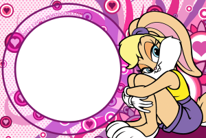 Moldura Personagens - Looney Tunes Lola Coelha Lola Bunny sentada, moldura circular lilás borda roxa, fundo rosa corações círculos.