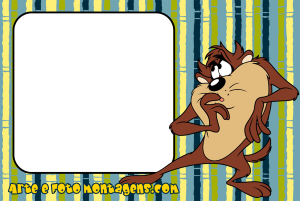 Moldura Personagens - Looney Tunes Taz Taz-Mania pensativo, moldura cantos arredondados, fundo listrado azul amarelo.