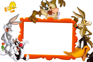 Moldura Personagens - Looney Tunes Looney Tunes clássicos (Pernalonga, Frajola, Piu-Piu, Taz, Coiote, Patolino), moldura laranja irregular.