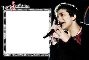Moldura Personagens - Luan Santana Cantor Luan Santana, microfone, moldura textura água prateada, borda preta.