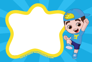 Moldura Personagens - Luccas Neto Gi Aventureira Vermelha piscando, sinal paz, moldura amarela mancha tinta, fundo azul raios.