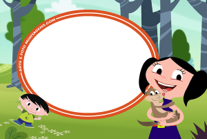 Moldura Personagens - Luna Claudio E Jupiter Luna, Júpiter, Cláudio furão (Show da Luna!), moldura circular laranja, fundo floresta.