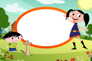 Moldura Personagens - Luna Jupiter E Claudio Luna, Júpiter, Cláudio furão câmera (Show da Luna!), moldura oval branca borda laranja, fundo parque flores sol.