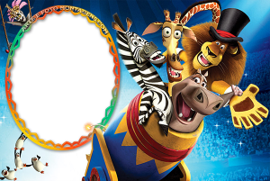 Moldura Personagens - Madagascar Circo Alex, Marty, Melman, Glória, Pinguins Madagascar, canhão circo, moldura circular borda laranja amarela, fundo circo.