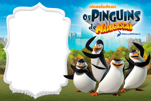 Moldura Personagens - Madagascar Pinguins Pinguins Madagascar (Capitão, Kowalski, Rico, Recruta), logo série, moldura preta borda branca ornamentada, fundo parque.
