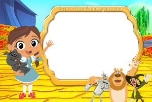 Moldura Personagens - Magico De Oz Dorothy Dorothy, Espantalho, Homem Lata, Leão (Mágico Oz animado), moldura preta borda dourada clássica, fundo Cidade Esmeraldas.