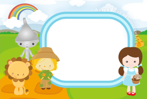 Moldura Personagens - Magico De Oz Personagens Mágico de Oz chibi, estrada tijolos amarelos, moldura azul clara cápsula, arco-íris.