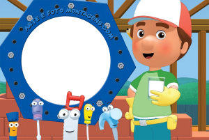 Moldura Personagens - Manny Manny Mãos à Obra, ferramentas falantes, moldura azul formato porca, fundo construção.