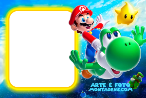 Moldura Personagens - Mario Galaxy Mario montado Yoshi, Super Estrela, moldura amarela cantos arredondados, fundo espaço sideral.