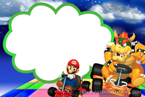 Moldura Personagens - Mario Kart Mario e Bowser Mario Kart, moldura verde formato nuvem, fundo pista Rainbow Road.