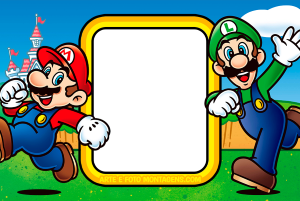 Moldura Personagens - Mario Luigi Mario e Luigi correndo, castelo Peach, moldura amarela borda preta, cenário Super Mario.