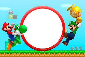 Moldura Personagens - Mario Super Mario, Yoshi, Toad, Luigi, Paratroopa (Super Mario Bros.), moldura circular branca borda vermelha.