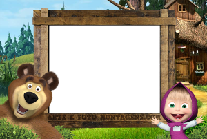 Moldura Personagens - Masha E O Urso Masha e Urso, frente casa madeira, moldura madeira rústica.