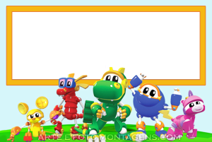 Moldura Personagens - Mecanimais Cinco robôs Mecanimais coloridos, moldura retangular laranja, fundo azul claro.