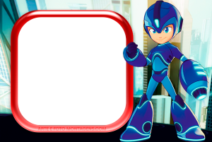Moldura Personagens - Megaman Megaman armadura azul, pose ação, moldura branca cantos arredondados borda vermelha, fundo cidade futurista.