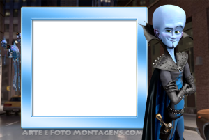 Moldura Personagens - Megamente Megamente capa preta, roupa azul, moldura quadrada azul borda prateada, cenário cidade robôs.