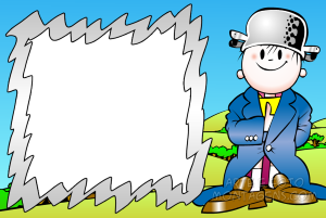 Moldura Personagens - Menino Maluquinho Menino Maluquinho, panela cabeça, casaco azul, moldura cinza bordas serrilhadas, fundo campo céu.