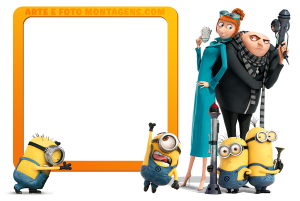 Moldura Personagens - Meu Malvado Favorito Minions 3 Gru, Lucy, Agnes, Edith, Margo, Minions (Meu Malvado Favorito), moldura laranja formato 'L'.