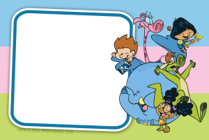 Moldura Personagens - Meu Amigaozao My Big Big Friend Yuri, Lili, Matt, amigãozões (Meu AmigãoZão), moldura preta cantos arredondados, fundo listrado pastéis.