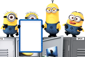 Moldura Personagens - Meu Malvado Favorito Minions 1 Quatro Minions (Kevin, Stuart, Bob, Dave), armários escolares, Minion segurando moldura azul.