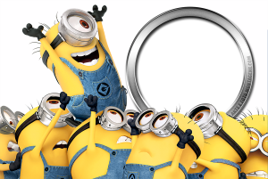 Moldura Personagens - Meu Malvado Favorito Minions 4 Multidão Minions festejando, moldura circular preta borda prateada.