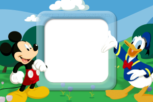 Moldura Personagens - Mickey Pato Donald Pato Donald clássico, moldura circular branca, fundo céu azul grama.