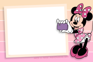 Moldura Personagens - Mickey Minnie 3 Minnie Mouse acenando jardim, moldura circular cinza clara borda branca.