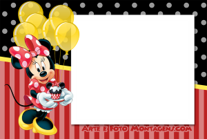 Moldura Personagens - Mickey Minnie Aniversario Festa Minnie Mouse cupcake, balões amarelos, moldura retangular branca, fundo listras vermelhas poá preto.