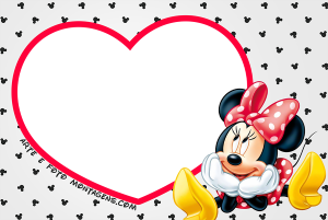 Moldura Personagens - Mickey Minnie Love Minnie Mouse apaixonada, moldura vermelha formato coração, fundo branco estampa Mickey.